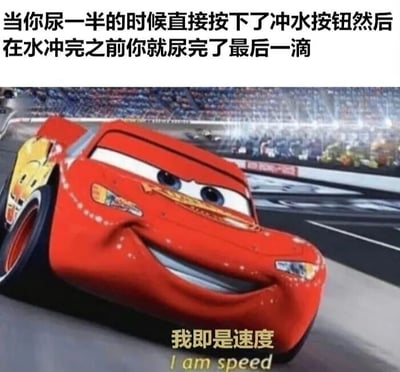 图片上方配有文字“当你尿一半的时候直接按下了冲水按钮然后在水冲完之前你就尿完了最后一滴”，下方是动画电影《赛车总动员》中的主角红色赛车闪电麦昆，它正处于赛车场景中，面带自信微笑，车身倾斜仿佛在高速行驶，底部叠加文字“我即是速度 I am speed”。整体通过将生活中快速完成某事的场景与闪电麦昆的“速度”特质结合，形成幽默调侃效果。