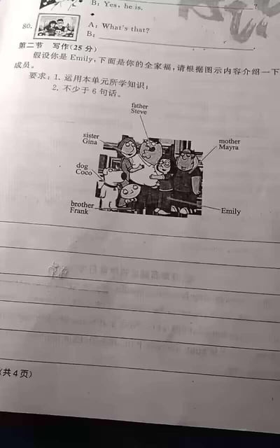 这是一张初中英语单元测试卷的扫描页，页面分为两部分：上方是一道补全对话题，A提问“What's that?”，需要填写B的回答；下方是分值25分的写作题，要求考生假设自己是名为Emily的卡通人物，根据标注好的全家福（包含爸爸Steve、妈妈Mayra、姐姐Gina、弟弟Frank、宠物狗Coco及Emily本人）介绍家庭成员，要求运用单元所学知识，完成不少于6句话的英语短文。页面左下角标注试卷共4页。