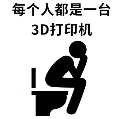 图片上方是黑色粗体文字“每个人都是一台3D打印机”，下方是一个简化的黑色剪影人物坐在马桶上，手托下巴。这是一个利用双关语制造幽默效果的梗图，将人类消化系统的排泄功能比喻为“3D打印”过程，通过日常场景与科技概念的反差制造笑点。