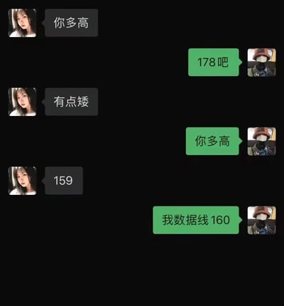 这是一张社交聊天平台的对话截图，对话双方围绕身高展开互怼：左侧用户先询问对方身高，右侧用户回复自己身高178，左侧用户评价“有点矮”；随后右侧用户反问左侧用户身高，左侧用户称自己159，右侧用户立刻用“我数据线160”来回应，以数据线长度都比左侧用户身高还高的反差感，吐槽对方之前的评价，整个对话充满了朋友或情侣间互怼的趣味与幽默感，用接地气的方式制造了笑点。