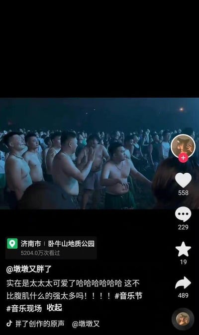 抖音用户@墩墩又胖了发布的济南卧牛山地质公园音乐节现场视频截图，画面中大量男性观众赤膊站立，随着音乐舞动。配文称“实在是太太太可爱了哈哈哈哈哈哈 这不比腹肌什么的强太多吗！！！！”，并带有#音乐节 #音乐现场 话题标签。截图显示该内容获得558个点赞、229条评论和489次分享。