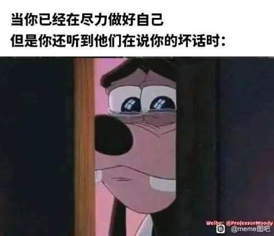 这是一张文字加注的动画截图类meme图，上方配有文字“当你已经在尽力做好自己但是你还听到他们在说你的坏话时:”，下方是迪士尼动画《高飞家族》中的角色麦克斯，他从门后探出头，眼睛里含着泪水，嘴角下垂，满脸委屈失落的神情，精准地刻画了一个人已经努力做好自己，却还是遭到他人非议时的难过、委屈又略带无助的心情，能够让有类似人际经历的人产生强烈的情绪共鸣。