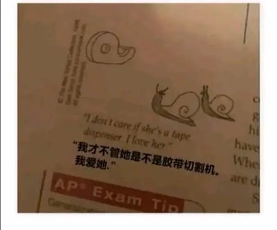 这是一张翻拍的手绘幽默梗图，画面载体是带有“AP Exam Tip”（美国大学预修课程考试提示）字样的纸张。图中手绘了一只外形类似蜗牛的胶带切割器，以及两只蜗牛，配文英文“I don't care if she's a tape dispenser I love her”，并添加了中文翻译“我才不管她是不是胶带切割机。我爱她。”。该梗图通过蜗牛爱上外形相似的胶带切割器这一荒诞的跨物种恋爱设定，制造出反差感十足的浪漫搞笑效果，用无厘头的表达传递出“不在乎外在差异，只在乎爱意”的内核。