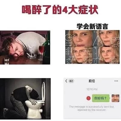 这是一张由四张图拼接而成的静态趣味梗图，主题为“喝醉了的4大症状”，用四个场景生动调侃醉酒后的典型失态表现：1. 左上角图：一名男子趴在摆满酒瓶、酒杯和烟灰缸的桌上，面部埋在手臂间昏睡，呈现醉酒后彻底失去意识、昏睡不醒的状态；2. 右上角图：配文“学会新语言”，图中女性人脸被数学公式覆盖，调侃醉酒后说话含糊不清、逻辑混乱，旁人完全听不懂，仿佛在说一种全新的语言；3. 左下角图：一名男子跪在马桶前，身体前倾，呈现呕吐的姿态，表现醉酒后肠胃不适引发呕吐的生理反应；4. 右下角图：是一段聊天记录截图，发送者给“前任”发送消息“你好吗？”，系统提示消息已发送但被拒收，调侃醉酒后情绪不受控制，会做出联系前任这类清醒时不会做的冲动、尴尬行为。