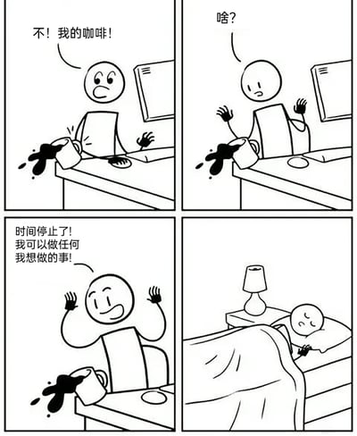 这是一幅四格黑白极简卡通漫画，围绕职场上班族的日常展开：第一格中，卡通小人看着桌上洒出的咖啡，满脸着急地惊呼“不！我的咖啡！”；第二格中，小人突然疑惑地抬手，发现洒出的咖啡和桌上物品都静止了，发出“啥？”的疑问；第三格中小人兴奋地欢呼，意识到“时间停止了！我可以做任何我想做的事！”，满脸雀跃；第四格则是充满共鸣的神展开，拥有“无限可能”的小人没有去挽救咖啡，而是直接躺在床上进入熟睡状态，用夸张的脑洞戳中了职场人疲惫渴望休息的痛点，搞笑又真实。