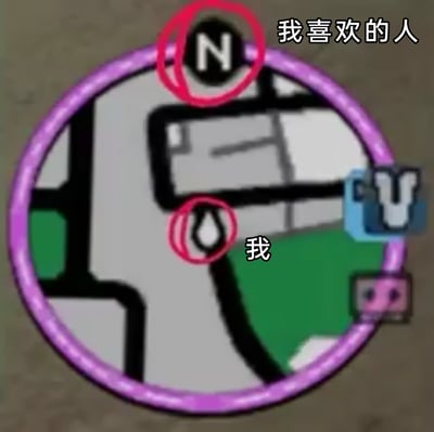 这是一张基于《侠盗猎车手：罪恶都市》游戏小地图的玩梗图，创作者将地图里代表正北方向的标识“N”标注为“我喜欢的人”，将代表玩家自身位置的水滴形图标标注为“我”。通过两者在地图上的位置关系，用自嘲的方式调侃单恋状态：喜欢的人如同遥不可及的固定方向标，和自己始终存在距离，精准表达出暗恋时那种对方难以靠近、自己处于被动的无奈与酸涩，是对情感状态的趣味化演绎。
