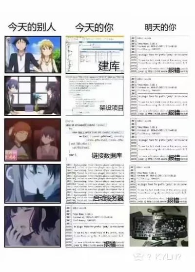 这张三栏对比型梗图通过“今天的别人”、“今天的你”和“明天的你”三组画面，将程序员的日常进行了极具讽刺与自嘲的展示。左栏是动漫角色甜蜜约会、互动、日常场景，代表普通人生活的美好；中栏是数据库建库、项目架设、服务器启动等代码相关操作，代表程序员正在卖力工作的状态；右栏则是密集的报错信息和损坏键盘的照片，夸张表现程序员明天会因技术问题而彻底崩溃。整体风格自黑、搞笑、极具“社畜”和“技术圈”调侃色彩。

最后一行键盘损坏极具夸张效果，暗示工作带来的高压与无奈。

动漫截图与技术画面拼接形成强烈反差，是技术人群、程序员之间非常流行的自嘲恶搞主题。