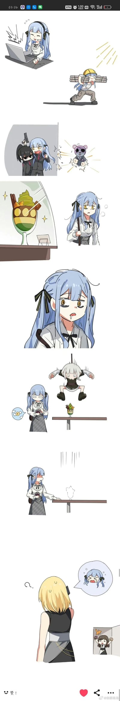 这是一组《少女前线》的同人连环漫画，讲述蓝发角色HK416经历了连轴转的忙碌一天：先是对着电脑辛苦工作，又化身苦力扛建材，还以特工身份执行任务，累到眼神恍惚、口水直流的她，终于看到了心仪的抹茶甜品，结果甜品被突然跳下的G11踩得粉碎，最后HK416崩溃大哭，被UMP9撞见。整个故事充满了倒霉又搞笑的反差，精准戳中了努力后期待落空的无奈情绪。