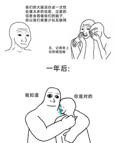 这是一张分上下两部分的连环梗图，采用黑白抽象卡通人物的表现形式。上半部分中，左侧的抽象小人严肃地提出观点：“我们的大脑没办法一次性处理太多的信息，过度的信息会吞噬我们的脑子，所以我们需要少玩互联网”；右侧两个小人则做出捂嘴、捂脸的动作，用调侃的语气嘲笑他：“乐，记得带上你的锡箔帽”，暗讽他的观点像阴谋论者的言论。下半部分标注“一年后”，场景发生反转：当初提出观点的小人温和地拥抱当初嘲笑他的小人，被拥抱的小人面露哭腔，两人分别说着“我知道”和“你是对的”，生动展现了经历信息过载的困扰后，当初被嘲讽的观点最终得到认同的“真香”反转，讽刺了当下互联网信息过载给人们带来的精神负担，也体现了人们对网络沉迷的后知后觉。