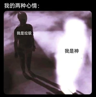 这是一张左右对比的静态梗图，顶部配文“我的两种心情：”点明主题。左侧是处于昏暗阴影中的人物，配文“我是垃圾”，传递出自卑、自我否定的低落情绪；右侧是明亮发光的人形，配文“我是神”，展现出极度自信、自我膨胀的心态。整张图生动地描绘了人在不同状态下的极端自我认知反差，精准戳中了很多人时而自卑、时而自负的矛盾心理，容易引发共鸣。