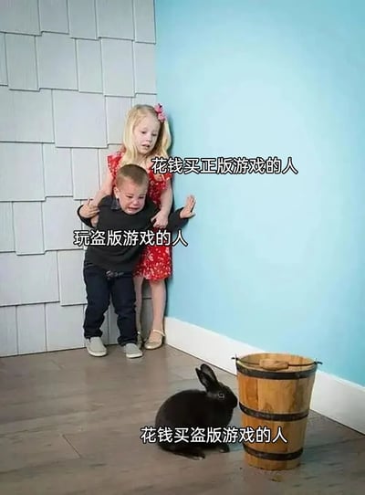 图片展示了一个房间角落的场景，蓝色墙壁旁站着一个穿红色连衣裙的金发女孩，她扶着前面一个穿黑色上衣正在哭泣的小男孩。地上有一只黑色兔子，旁边放着一个木桶。图片通过文字标签幽默对比了三种游戏玩家：站着的女孩代表“花钱买正版游戏的人”，哭泣的男孩代表“玩盗版游戏的人”，而地上的兔子则代表“花钱买盗版游戏的人”，形成了有趣的社会现象讽刺。