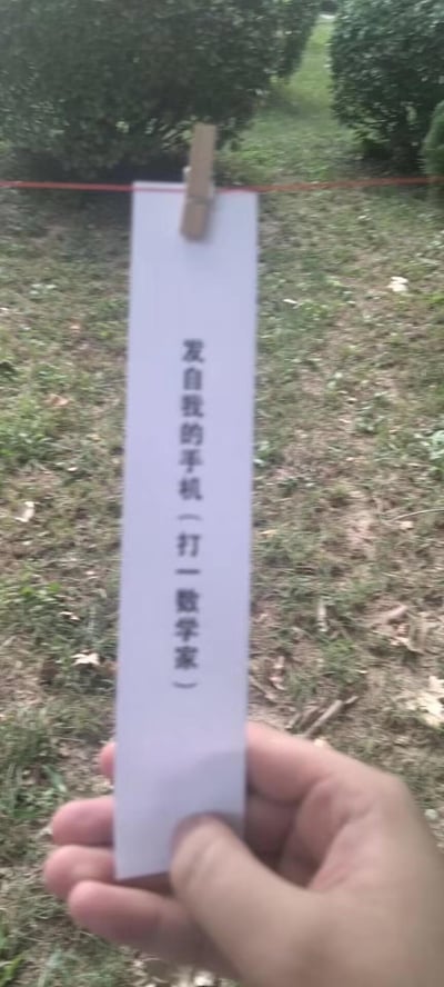 图片中一只手握着一张竖版白纸，纸张上方用木夹子固定。白纸上用黑色字体写着：'发自我的手机（打一数学家）'。背景是户外的草地和绿色灌木丛，整体场景为自然光拍摄，氛围轻松。这是一个文字谜语，谜面'发自我的手机'暗示数学家的名字，可能利用谐音或语义双关。