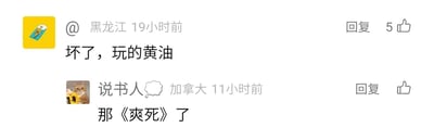 这是一张横版的社交平台评论区截图，展示了两条用户的互动评论。第一条评论来自定位为黑龙江的用户，发布于19小时前，内容为“坏了，玩的黄油”，该评论获得了5个点赞；第二条是网名为“说书人”、定位加拿大的用户在11小时前的回复，内容为“那《爽死》了”。其中“黄油”是ACG圈子里对美少女游戏（GalGame）的俗称，这类游戏多以恋爱剧情为核心，部分包含成人向内容，回复中的《爽死》是对玩这类游戏体验感的调侃式表达，属于圈子内的玩梗互动。