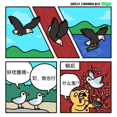 这是一则由五格组成的搞笑连环漫画，前三格依次展示了老鹰在空中优雅滑翔、俯冲向下，最后精准地从水面捕获到鱼的全过程；第四格切换到沙滩场景，两只海鸥目睹老鹰的行为后，一只海鸥发出“好优雅哦~”的感叹，另一只海鸥则不服气地回应“切，我也行”；第五格标注“稍后”，画面中那只不服气的海鸥并未模仿老鹰去捕鱼，而是猛地扑向一名人类手中的薯条盒，将薯条弄得到处飞溅，人类满脸震惊地大喊“什么鬼!?”，通过这种模仿方向完全错误的反差，制造出荒诞搞笑的效果，讽刺了盲目跟风却抓错重点的行为。
