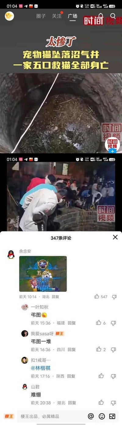 这是一张抖音平台的新闻截图，新闻内容为：宠物猫坠落沼气井，一家五口前往救猫时全部不幸身亡，配有沼气井内部和现场救援人群的画面。下方评论区中用户「余念安」发布了一张《王者荣耀》的「五杀！」游戏截图，用游戏里的五杀来对应一家五口遇难的悲剧，进行不合时宜的玩梗，其他用户回复「弔图」「弔图一堆」「难绷」等内容，引发争议。