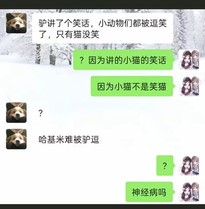 一张以雪地为背景的聊天式梗图，通过多轮对话构建了一个谐音笑话：驴讲了笑话后其他动物都笑了，只有猫没笑，回答是"因为小猫不是笑猫"，最后以"哈基米难被驴逗"和"神经病吗"收尾。图中包含驴的卡通头像和两个动漫风格人物头像，使用绿色和白色对话气泡区分不同发言者。