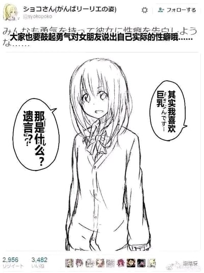 这是一张来自X（原推特）的社交媒体截图，内容为用户@syokopoko创作的日式搞笑短篇线稿漫画。图片顶部配有日文和中文的提示文字“みんなも勇気を持って彼女に性癖を告白しような……大家也要鼓起勇气对女朋友说出自己实际的性癖哦……”，中间是一位长发卡通女孩，她表情疑惑，眼睛睁大、嘴巴微张，双手置于身前站立着。女孩右侧的对话气泡是告白者的台词“其实我喜欢巨乳”，女孩左侧的对话气泡是她的回应“那是什么遗言？”，这个内容利用了日语中“巨乳（きょにゅう）”与“遗言（ゆいごん）”发音相近的谐音梗，制造出男生告白性癖却被女生误听成说遗言的搞笑误会。图片底部显示了该推文的互动数据，包括2956次转发、3482次点赞，还有一排用户头像，右下角带有“超指玩”的中文水印，表明该图被搬运到中文社交平台进行传播。