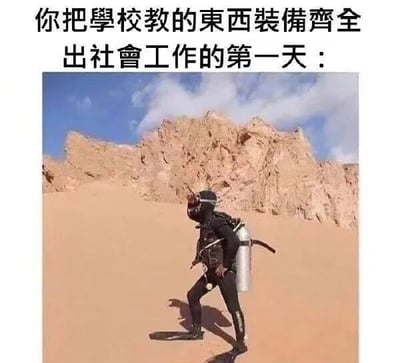 图片上方配有文字“你把學校教的東西裝備齊全 出社會工作的第一天：”，下方是一张真人照片：一名穿着全套潜水装备（包括黑色潜水服、银色氧气瓶、脚蹼）的人站在广袤的沙漠中，背景是红褐色的沙丘和蓝天白云。人物手持潜水镜，身体微微前倾，表情似乎带着困惑，仿佛在不理解为何自己的“装备”与所处环境完全不符。

图片通过强烈的视觉反差（潜水装备本应用于水下，却出现在沙漠），幽默地讽刺了学校教育知识与社会实际工作需求脱节的现象，暗示毕业生带着“全套理论知识”进入职场，却发现面对的是完全陌生的“环境”。