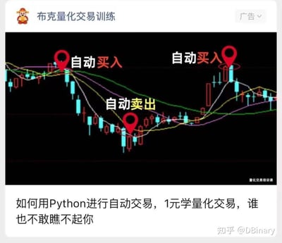 这是一张布克量化交易训练的广告图片，展示了一个股票图表，上面有多个"自动买入"和"自动卖出"的标记点。图表上有不同颜色的技术指标线，底部有宣传文字称"如何用Python进行自动交易，1元学量化交易，谁也不敢瞧不起你"。