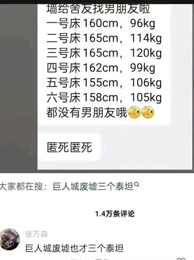 这是一张社交平台的聊天截图，上方是匿名用户发布的帮六位舍友征男友的文案，依次列出六位女生的身高与体重，标注她们都没有男朋友，并配上捂眼偷笑的表情，下方回复“匿死匿死”表示要匿名到底。截图下方的搜索栏显示网友们都在搜“巨人城废墟三个泰坦”，还有用户“张万森”评论“巨人城废墟也才三个泰坦”。
玩梗说明：这里借用了射击游戏《穿越火线》中“巨人城废墟”关卡里的BOSS“泰坦”的梗，六位女生的体重数值都较高，被网友调侃成比关卡里的三个泰坦还要“重量级”，用游戏梗来调侃体重，十分搞笑。