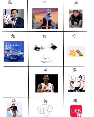 这是一张将传统十二生肖与网络流行梗结合创作的九宫格梗图，每个生肖都对应一个知名网络梗或谐音梗，具体对应内容如下：1. 鼠：手持带插座插板的人物，利用“鼠（数）”的谐音，对应“数插座”的谐音梗；2. 牛：《成龙历险记》中的蓝色牛形恶魔角色，直接以牛形角色对应生肖牛；3. 虎：网络红人虎哥的形象，以其名字中的“虎”对应生肖虎；4. 兔：中国航空母舰，因网友常用“兔子”代指中国，以此结合对应生肖兔；5. 龙：网络上流行的模糊人脸“龙图”表情包，以“龙图”的名称对应生肖龙；6. 蛇：柠檬与绿色蛇的组合，利用“柠（宁）”与“蛇（舍）”的谐音对应生肖蛇；7. 羊：NBA湖人队球星科比·布莱恩特的形象，利用“羊（洋）”的谐音，以外国（洋）人对应生肖羊；8. 猴：游戏《原神》中的角色派蒙，因原神玩家被戏称为“原猴”，以此对应生肖猴；9. 鸡：蔡徐坤打篮球的经典梗图，其衍生的“鸡你太美”梗对应生肖鸡；10. 狗：向下勾手指的手势，利用“勾（狗）”的谐音对应生肖狗；11. 猪：小红书的平台图标，利用“朱（猪）”与红色的关联对应生肖猪。整张图将网络流行文化与传统民俗文化结合，充满趣味性和网感。