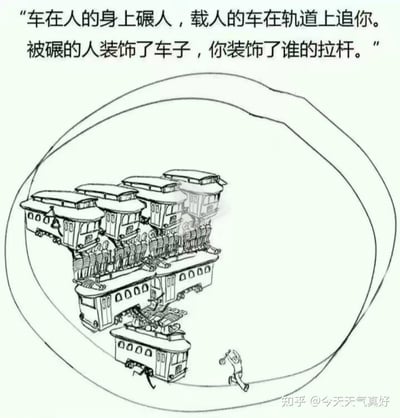 这是一幅黑白线稿图，画面主体是一个圆形构图，内部有多辆列车呈环形排列，形成循环追逐的视觉效果。在圆形底部右侧，有一个小人正在奔跑，似乎在躲避列车。图片上方配有富有哲理的文字："车在人的身上碾人，载人的车在轨道上追你。被碾的人装饰了车子，你装饰了谁的拉杆。" 整幅图通过循环的列车和奔跑的人，营造出一种紧张、迷茫的氛围，引发对人生循环和存在意义的思考。
