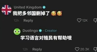 社交媒体评论截图，显示名为“United Kingdom”（英国国旗头像）的用户发帖称“我把多邻国删掉了 😊😊”，获12K点赞。多邻国官方账号（绿色猫头鹰头像）回复“学习语言对殖民有帮助哦”，获20.3K点赞。内容通过调侃历史背景制造幽默效果。