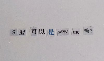 图片主体为白色背景上粘贴的多块剪贴文字，内容从左到右依次为：黑色字母“S”“M”、黑色汉字“可”“以”、蓝色汉字“是”、黑色英文字母“save”“me”、黑色汉字“吗？”。整体通过剪贴拼接的方式，将英文缩写“SM”与短语“save me”（救救我）关联，形成文字游戏，试图用谐音/缩写双关的方式赋予“SM”新的解读。