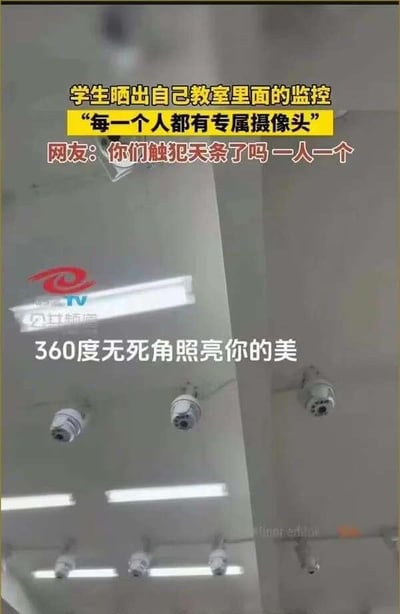 这张图片展示了一间教室的天花板区域，上面密集安装了多个监控摄像头，数量多到几乎能覆盖每个位置。图中配有调侃性的文字：学生晒出自己教室的监控，称“每一个人都有专属摄像头”，网友评论“你们触犯天条了吗一人一个”，还有一句玩梗的文字“360度无死角照亮你的美”，这里化用了“照亮你的美”的宣传语，将原本用于拍照的话术用来调侃监控的全方位监视，充满了搞笑和无奈的氛围，生动表现出学生对教室安装过多监控的吐槽与调侃。