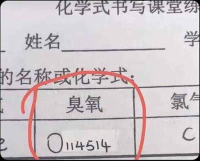 这张图是化学科目化学式书写课堂练习作业的局部实拍图，作业要求填写对应物质的化学式，表格内“臭氧”一栏的答案处，学生没有填写臭氧正确的化学式O₃，反而写下了O后面跟随数字114514的内容，该答案被红笔圈出，是学生借网络流行的114514梗整活的搞笑作业内容。