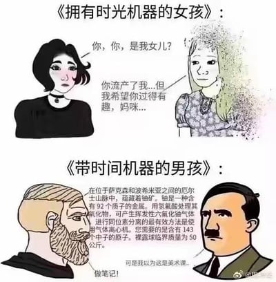 这是一张上下拼接的连环对比梗图，上半部分模仿《拥有时光机器的女孩》的温情奇幻剧情：黑发女孩一脸震惊地询问对方是否是自己的女儿，来自未来的白发女孩平静地告知对方自己是她流产的孩子，同时希望对方能过得有趣，氛围带着温情与奇幻感；下半部分则是反差玩梗，标题为《带时间机器的男孩》，左边的男孩正认真记录一段关于铀元素提炼的专业核物理内容，右边的人却一脸疑惑地表示自己以为这是美术课，用严肃的专业知识场景和误解的课程场景形成强烈反差，制造出荒诞搞笑的效果。