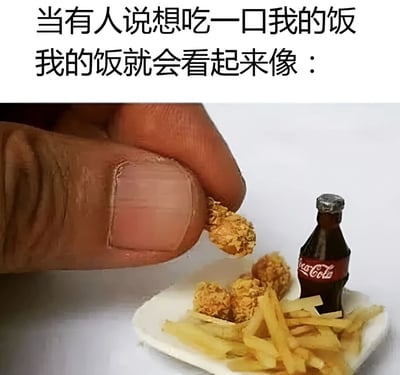 图片上方配有文字“当有人说想吃一口我的饭 我的饭就会看起来像：”，下方是一张实拍图：一只手的拇指和食指捏着一块迷你炸 chicken，旁边白色盘子里放着几根迷你薯条、几块迷你炸 chicken 和一个微型可口可乐瓶。整体通过夸张的“迷你食物”视觉效果，幽默地表达了不想让别人分享自己食物的心情，场景生活化且充满调侃意味。