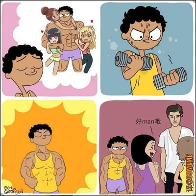 这是一则典型的四格漫画梗图，描绘了一个男生幻想通过健身成为肌肉男后会吸引很多女生围绕自己，但现实却是他锻炼得很壮，女生却只称赞旁边的另一个男生“好man哒”。讽刺了很多人追求外在形象时，对结果的误会和现实的落差。结尾构成一种反转和自嘲氛围。

本图带有“man”一词的中英混用表达，有轻微的双关调侃。