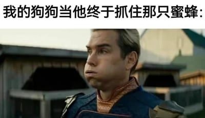 图片上方有文字'我的狗狗当他终于抓住那只蜜蜂:'，下方是一位穿着古装的男子，他表情严肃，嘴巴微张，脸颊似乎有些鼓起，眼神看向一侧。图片通过将男子的表情与狗狗抓住蜜蜂后的神情进行幽默类比，营造出搞笑效果。