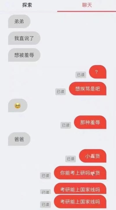 这是一张聊天记录截图，展示了“弟弟”与“我”的趣味对话。弟弟先发消息“我直说了”“想被羞辱”，“我”以红色气泡回复“想挨骂是吧”“那种羞辱”。随后弟弟发送“爸爸”，“我”立刻开启“爸爸式”暴击：“小蠢货”“你能考上研吗蠢货”“考研能上国家线吗”并重复追问国家线，对话充满戏谑感，用考研压力梗制造幽默效果。