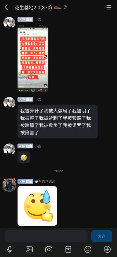 这是一张QQ群聊“花生基地2.0(370)”的竖屏截图，群成员小吉（LV53铂金，头自动漫《全职猎人》的奇犽）首先分享了一张抖音平台的用户作品截图，该截图以夸张戏谑的语气将日常使用微信支付消费的行为调侃成“被微信支付扣钱”，充满搞笑效果；随后小吉发布了一大串情绪激动的文字，连续用“被算计”“被背刺”等多个表述强烈发泄自己的负面情绪，并附带一个大哭的表情；之后群成员羊肉汤统帅（LV28黄金）发送了一个结合流汗和点赞的复合表情，以调侃、无奈的态度回应小吉的情绪。整个群聊内容展现了好友之间轻松随性的日常互动氛围，融合了网络搞笑内容分享与个人情绪的随性表达。