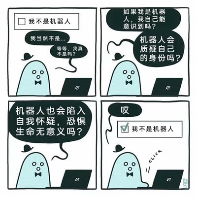 这是一幅四格连环卡通漫画，讲述了一个戴着小帽子和领结的幽灵在进行“我不是机器人”的人机验证时，从一开始笃定自己不是机器人，逐渐陷入自我怀疑：先后思考“等等，我真不是吗？”“如果我是机器人，我自己能意识到吗？”“机器人会质疑自己的身份吗？”“机器人也会陷入自我怀疑，恐惧生命无意义吗？”，最后无奈地叹了口气，勾选了“我不是机器人”的选项。漫画用荒诞的哲学式自我怀疑调侃了人机验证的场景，充满搞笑与无奈的氛围。