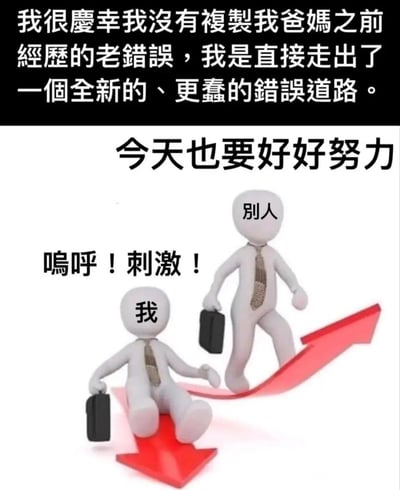 这张梗图分为上下两部分，上方配有自嘲文字：“我很庆幸我没有复制我爸妈之前经历的老错误，我是直接走出了一个全新的、更蠢的错误道路。”下方是3D职场小人的对比画面：标注为‘我’的小人坐在向下的红色箭头上，配文‘呜呼！刺激！’，呈现出摆烂随波逐流的状态；标注为‘别人’的小人则在向上的红色箭头上稳步前行，配文‘今天也要好好努力’，展现出积极向上的发展态势。整张图通过强烈的反差感，以搞笑又无奈的自嘲口吻，调侃自己避开了上一辈的人生弯路，却误入了更离谱的下坡路，精准戳中当代年轻人在人生、职场发展中的焦虑与自我调侃的心态。