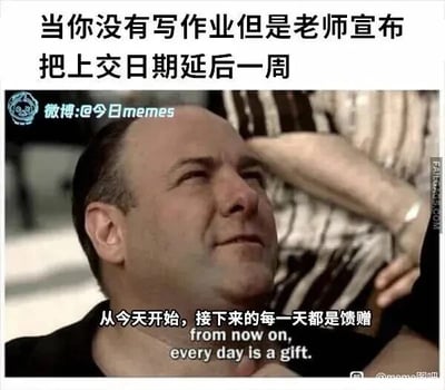 这是一张基于美剧剧照改编的文字加注类表情包，顶部配有中文文字“当你没有写作业但是老师宣布把上交日期延后一周”，精准设定了学生群体的窘迫又侥幸的场景；图中主体是美剧《黑道家族》主角托尼·瑟普拉诺的剧照，他仰头望向上方，脸上带着如释重负、庆幸又狂喜的神情，完美契合了场景下的情绪；底部配有中英文对照文字“从今天开始，接下来的每一天都是馈赠 from now on, every day is a gift.”，进一步放大了那种躲过“一劫”后，觉得时光都变得珍贵的狂喜心态。整个表情包通过影视角色的夸张表情与贴合学生日常的文字结合，生动地展现了学生没写作业却遇上作业延期时的真实心理，极易引发学生群体的共鸣，常被用于社交平台调侃作业相关的经历。