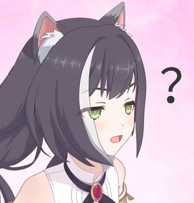 这是一张经过二次加工的动漫角色表情包，主体是《公主连结！Re:Dive》中的角色凯露。她有着黑灰相间的长发与标志性的猫耳，绿色眼眸微微睁大，嘴巴张开，侧头露出疑惑的神情。画面右侧添加了一个醒目的黑色问号，背景是柔和的浅粉色，整体画面生动传递出困惑、不解的情绪，适合在日常聊天中用来表达没听清内容、对某事感到疑惑的状态。