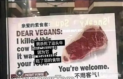 这是一张经过文字加注的图文混排静态单图，主体是一张带有生牛肉图案的英文海报，海报上的英文内容是向素食者喊话：“DEAR VEGANS: I killed this cow because it was eating your food. You're welcome.”，同时有黑色背景的中文翻译文字覆盖在对应英文位置，内容为“亲爱的素食者：我杀死了这头牛，因为它吃了您的食物。不用客气。”。整体内容用荒诞的逻辑制造幽默效果，调侃素食主义者，将牛吃草（素食者的食物来源）的行为作为杀死牛的理由，把杀牛的行为包装成“帮助”素食者的举动，形成反差笑点。图片右下角带有“@饱饱饱饱饱”的水印。