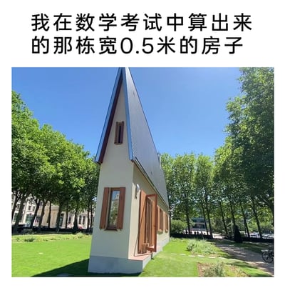 这是一张趣味梗图，图中展示了一栋利用透视角度拍摄的、看起来异常狭窄的房子，搭配上方文字“我在数学考试中算出来的那栋宽0.5米的房子”，以夸张的视觉形象调侃数学考试中算出不符合现实逻辑的离谱答案的经历，通过视觉错觉的房子将考试里的失误具象化，生动有趣，能引发有类似考试经历的用户的共鸣。