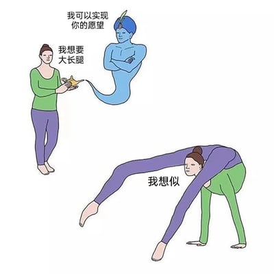 这是一张搞笑静态梗图，分为上下两部分。上半部分还原了《阿拉丁》中神灯许愿的经典场景：一位扎着丸子头、穿绿上衣紫裤子的女子手持神灯，对面是一位蓝色皮肤、抱臂悬浮的神灯精灵，精灵配文“我可以实现你的愿望”，女子回应“我想要大长腿”。下半部分是神灯实现愿望的结果，通过视觉错位的手法，将女子的身体和腿的位置调换，女子的头部出现在原本腿部的位置，身体则变成了腿的形态，配文“我想似”（谐音“我想死”），生动表现出女子对这个离谱实现方式的崩溃心态，利用视觉错位和谐音梗制造出荒诞搞笑的效果，调侃愿望被曲解实现的尴尬处境。