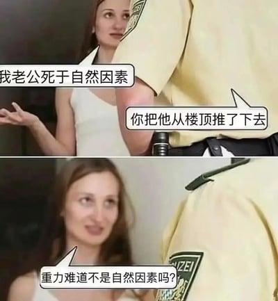 这是一张上下分镜拼接而成的搞笑梗图，讲述了一个偷换概念的黑色幽默故事：上图中，一位涉案女性面对警察询问，故作无辜地摊手称自己的老公死于自然因素，警察当场戳穿她：你把他从楼顶推了下去；下图中女性转头面带狡黠的微笑反问警察：重力难道不是自然因素吗？通过偷换“自然因素”的原本语义，将杀人行为歪理狡辩，制造出黑色幽默的笑点。