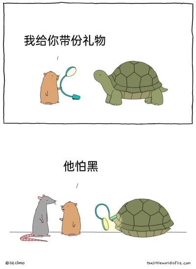 这是一幅上下两格的连环动物漫画，充满温馨冷幽默。上格画面中，一只表情温和的棕色小仓鼠手持一盏可弯曲的台式小灯，递向面前的乌龟，同时说道“我给你带份礼物”，乌龟平静地注视着仓鼠；下格画面里，灰色老鼠站在仓鼠身旁，疑惑地倾听仓鼠说话，仓鼠对着老鼠说道“他怕黑”，画面右侧的乌龟已经缩进了自己的壳中，那盏小灯被放置在壳内，正透出明亮的光线，刚好照亮乌龟缩在壳里的黑暗空间，精准解决了乌龟怕黑的问题。