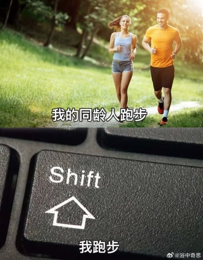 这是一张上下对比形式的搞笑梗图，上半部分展示了阳光充足的户外草地环境中，一男一女两名年轻人穿着运动装面带笑容跑步的场景，配文“我的同龄人跑步”，呈现出同龄人健康积极的运动生活状态；下半部分是键盘上带向上箭头标识的Shift按键特写，配文“我跑步”，利用英文“Shift”的发音和中文口语粗俗表达的谐音，调侃自己不爱运动、运动状态糟糕，和同龄人的情况形成强烈反差，充满自嘲趣味。