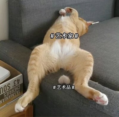 一只橘猫四仰八叉地躺在灰色沙发上，肚子朝上露出白色毛发，后腿向两侧伸展，前爪蜷缩在头部附近，姿态慵懒又豪放。图片中用黑色加粗文字分别在猫咪上半身标注“#艺术家#”，下半身标注“#艺术品#”，通过拟人化的标签幽默调侃猫咪不拘一格的躺卧姿势如同艺术创作，充满反差萌和趣味性。