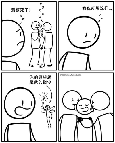 这是一幅四格连环卡通漫画：第一格中，主角一脸羡慕地望着前方一对甜蜜共享冰淇淋的卡通小人，配文“羡慕死了！”；第二格，主角落寞地独自感慨“我也好想这样...”；第三格，一个带着翅膀的小精灵出现，挥动魔法棒施法，同时说道“你的愿望就是我的指令”；第四格，主角被变成一个身体长着两个头的模样，自己与自己共享冰淇淋，表情十分满足。漫画以反套路的脑洞方式实现愿望，通过错位的情节设计制造出荒诞搞笑的效果。