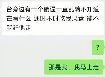 这是一张聊天记录截图，展示了一个尴尬的误会场景。一人抱怨"台旁边有一个傻逼一直乱转不知道在看什么 还时不时吃我果盘 能不能赶他走"，对方先回复一个问号表示疑惑，随后揭晓"那是我，我马上走"，形成了搞笑的反转效果。