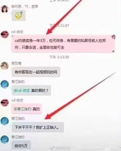 这是一段群聊记录的静态截图，群内用户cd-依恋发布了一条带有特殊暗示的“卖身”求职信息，称自己作为伪娘，卖身一年3万也可终身，目前在郑州，可前往全国各地；用户寒江独钓询问信息真假后，没有理会信息里的暗示，而是将“卖身”字面理解为出卖劳动力，抛出了矿上缺人、下井干活给5万的邀约，用薪资更高的体力工作邀约制造出强烈的反差感，形成了幽默搞笑的对话效果，群内其他用户的消息也让这段对话的场景更贴近真实群聊氛围。